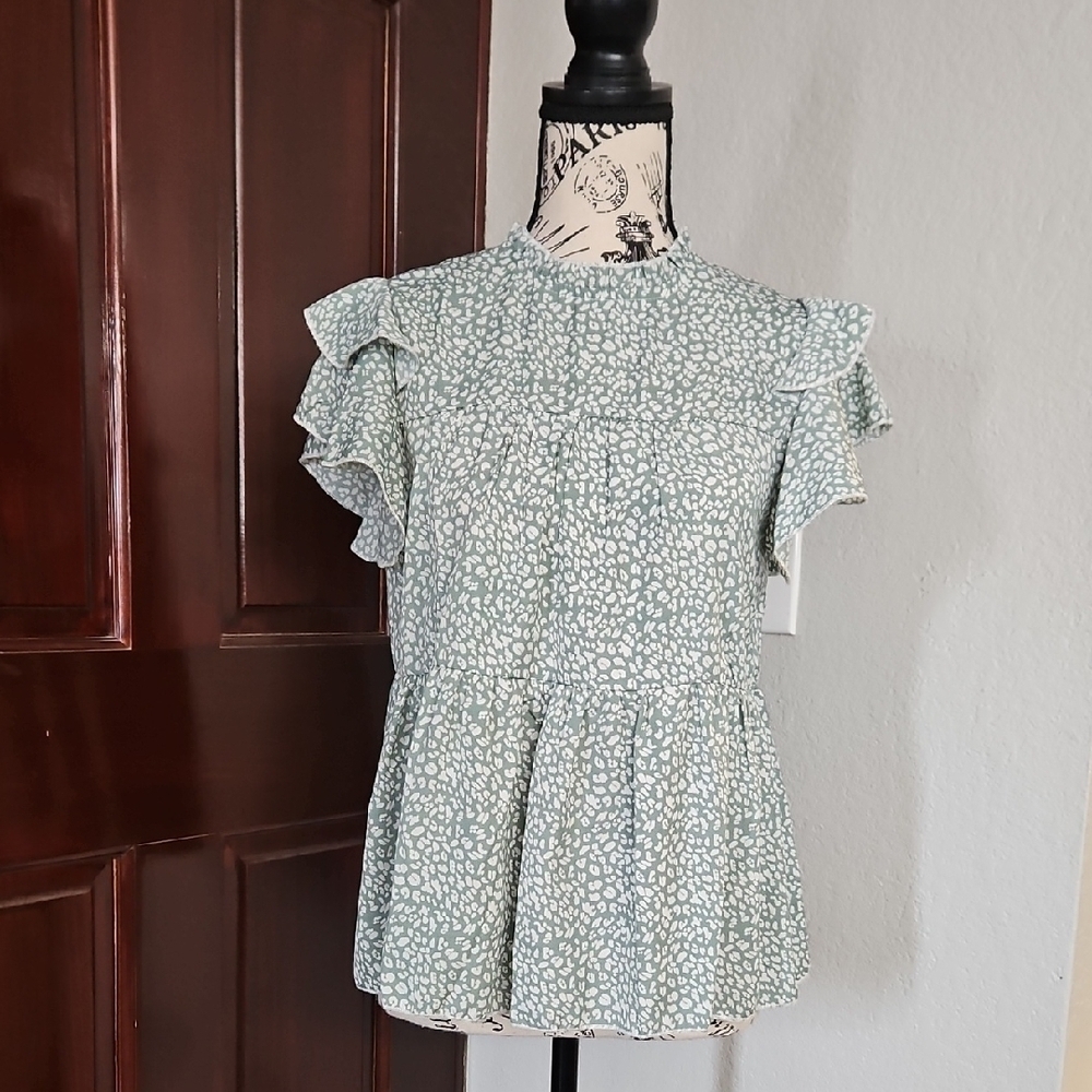 Floral Green Ruffle Sleeve Top